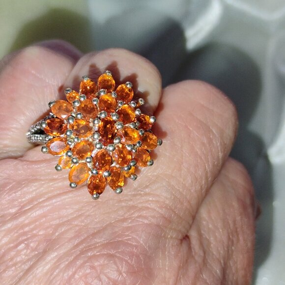 Fire opal cluster ring in sterling silver.Size 6